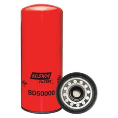 Baldwin front view spin-on filter showing label and durable casing benefit