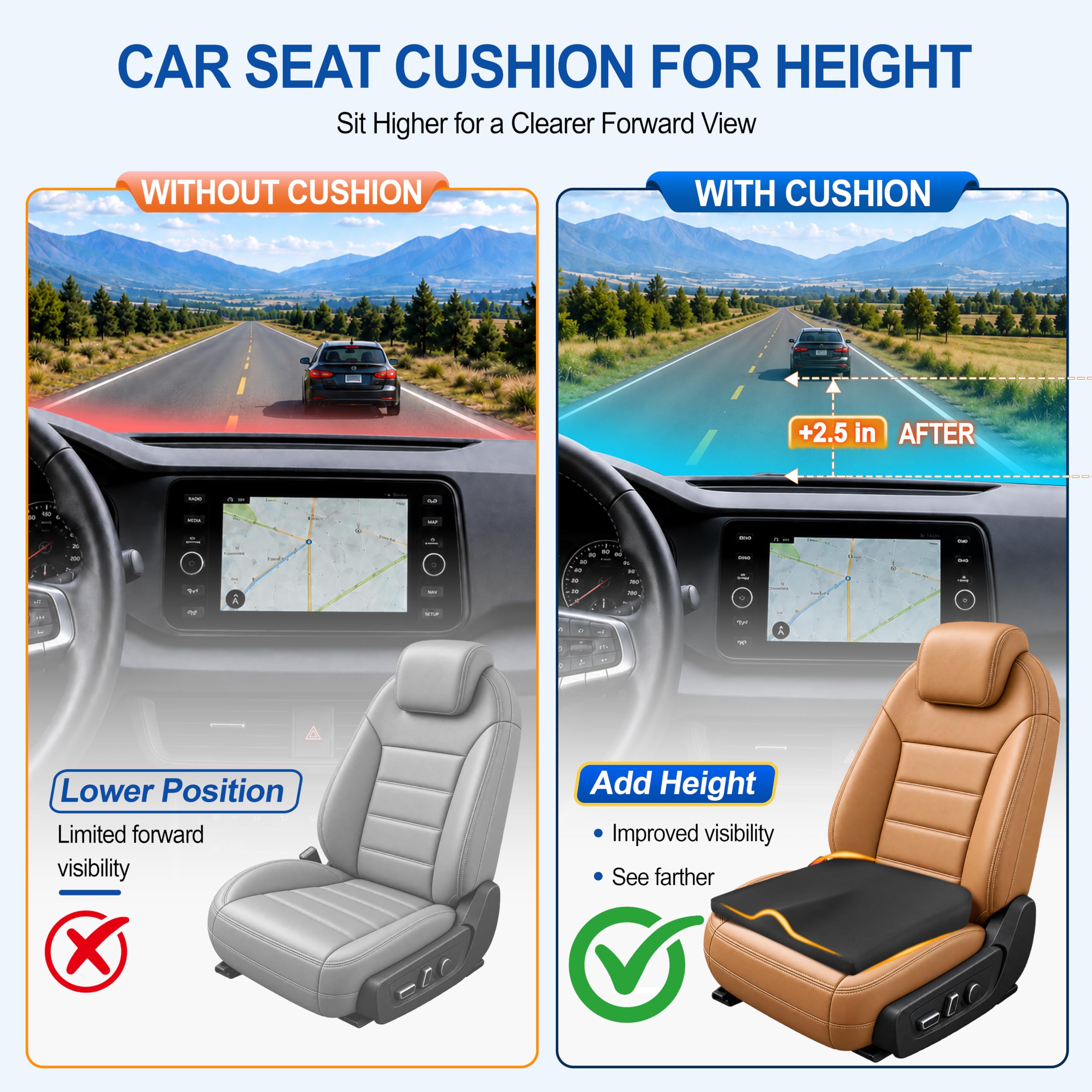 Bangled cushion installed in car improving driver posture and visibility