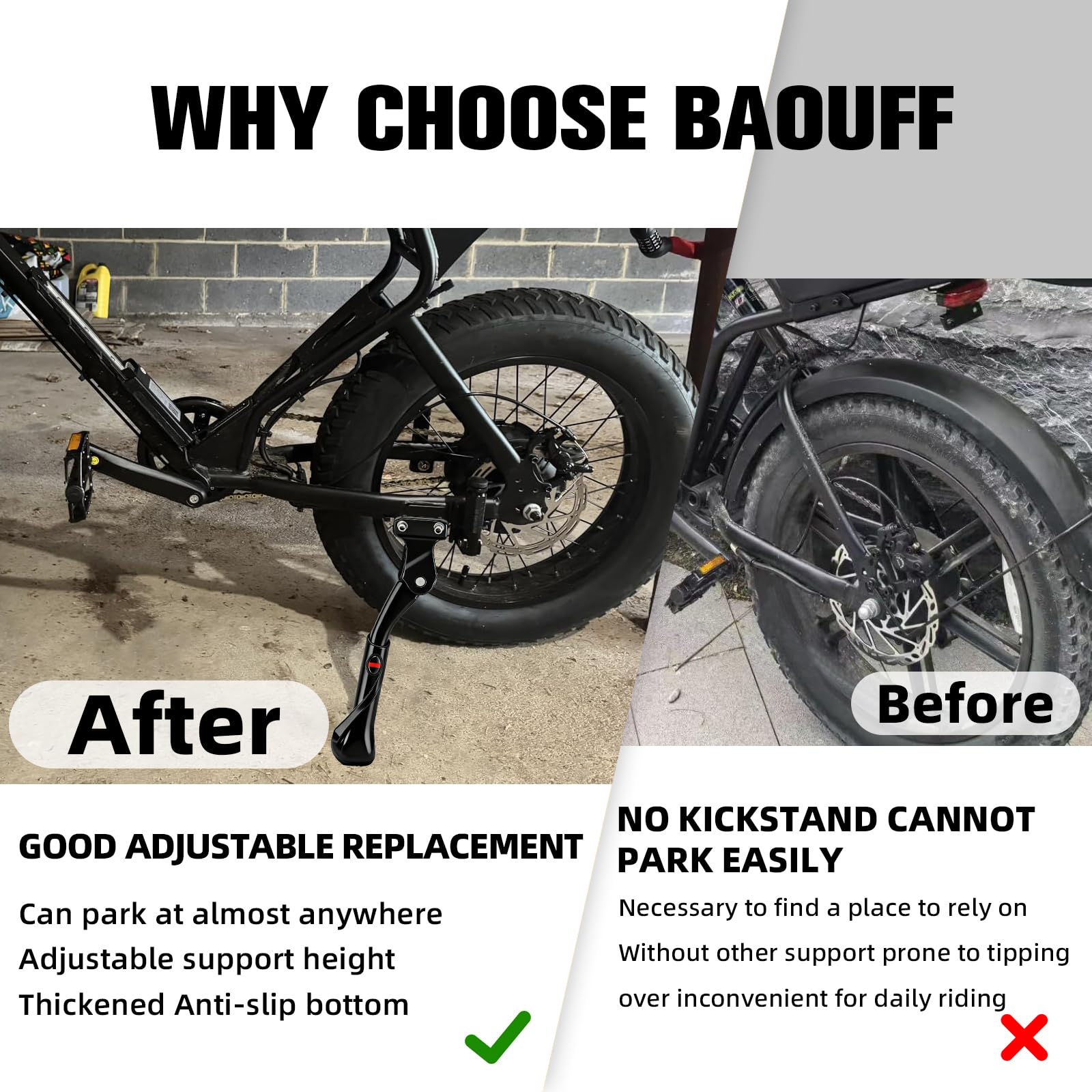 BAOUFF kickstand extended and collapsed to show adjustable length benefit