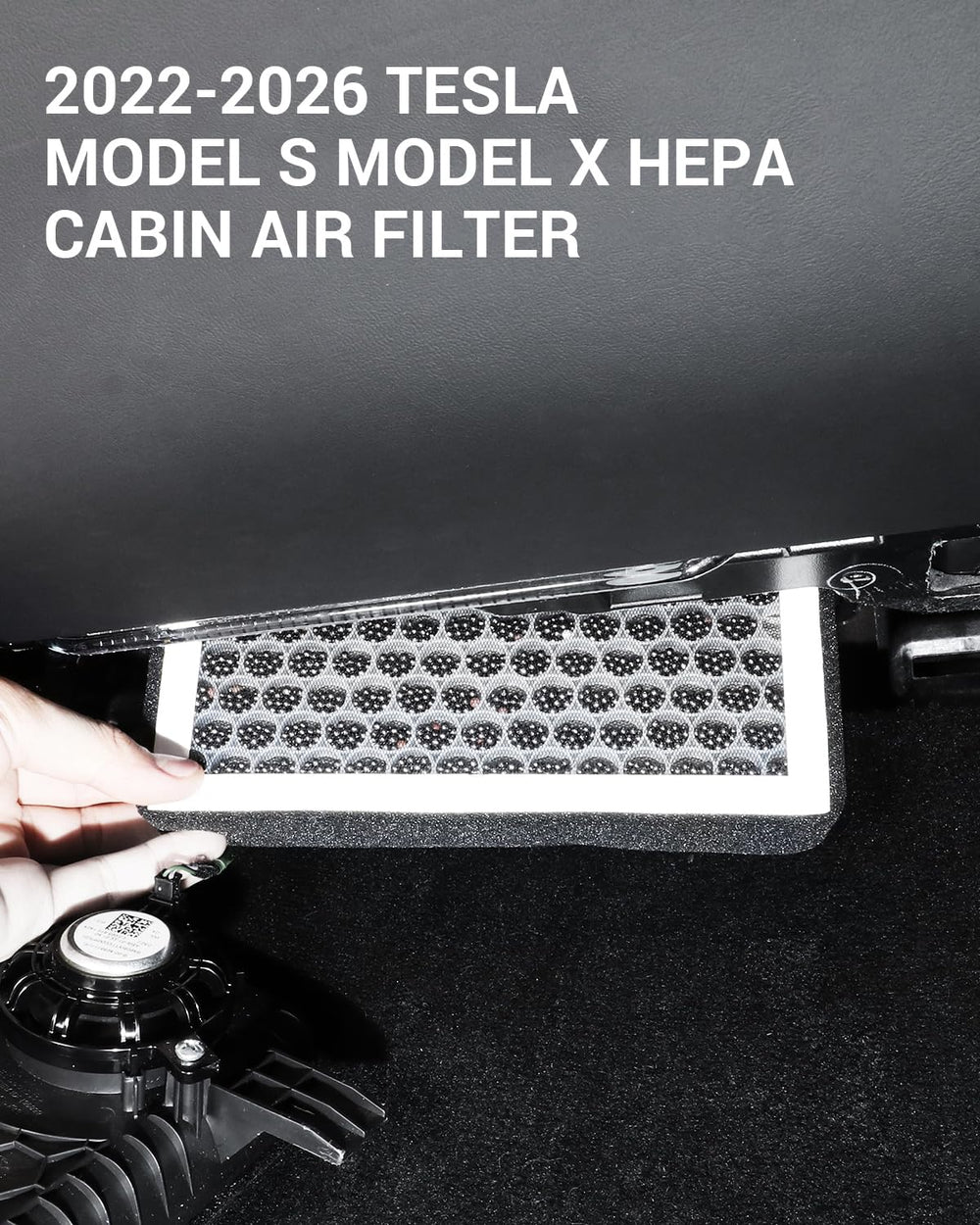 BASENOR filter shown in Tesla cabin to suggest cleaner interior air and comfort