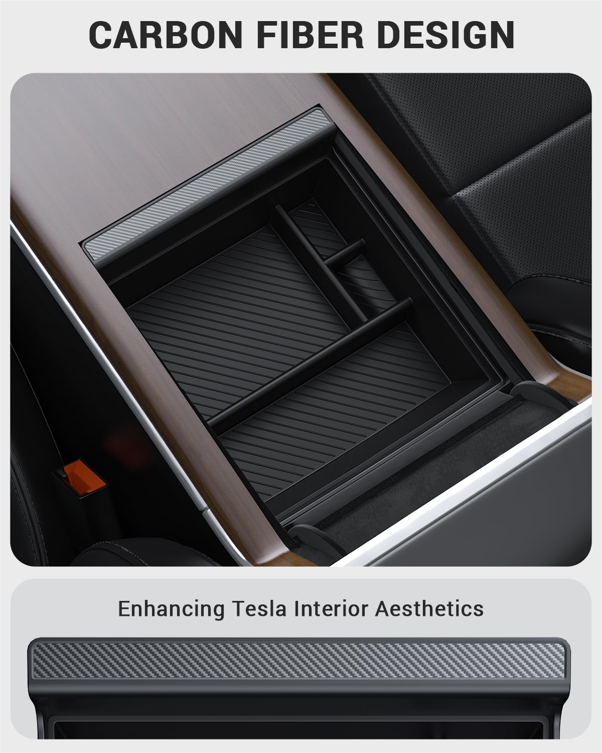 BASENOR tray installed in Model S console creating neat storage and easy access