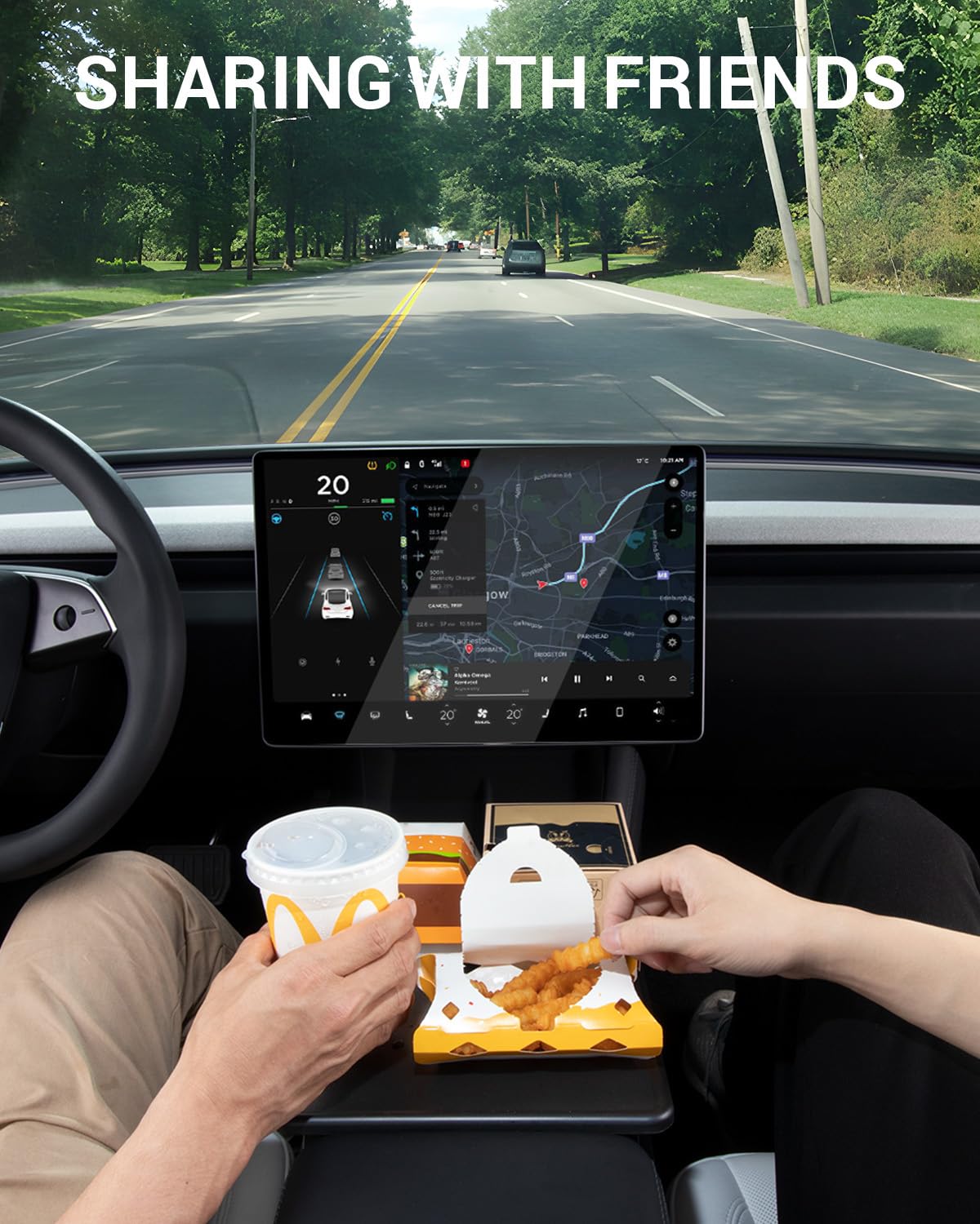 BASENOR lifestyle image in Tesla with tray for comfortable road trips