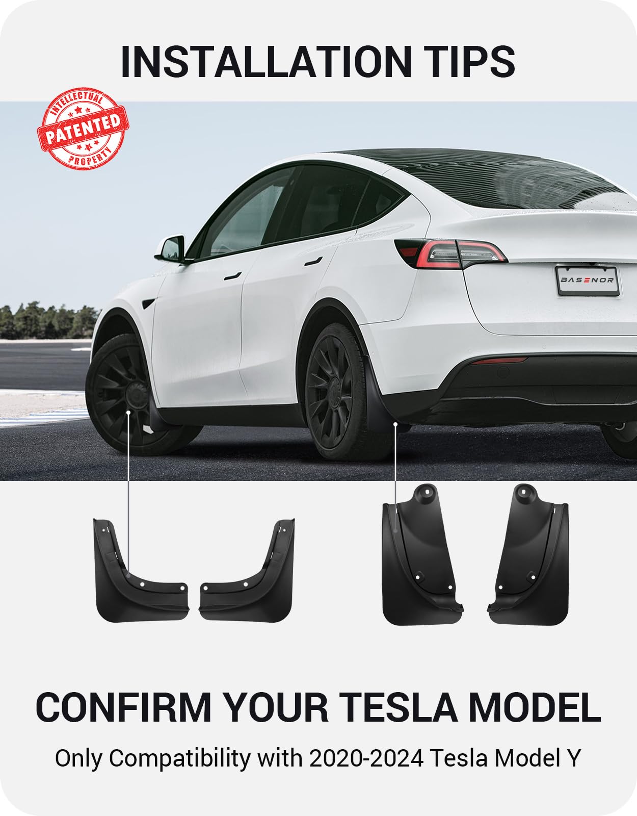 BASENOR rear mud flap mounted on Model Y reducing road spray and debris