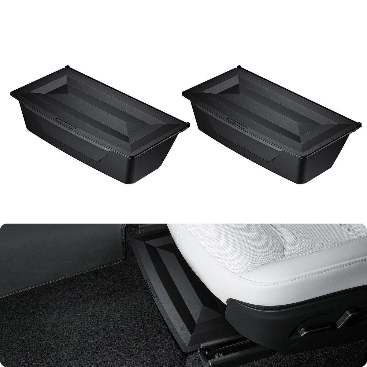 BASENOR front view of under-seat box showing precise fit and added hidden storage
