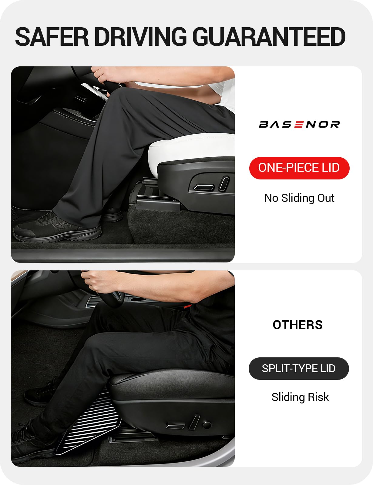 BASENOR detail of shoulder insert engaging seat rail ensuring secure lock-in