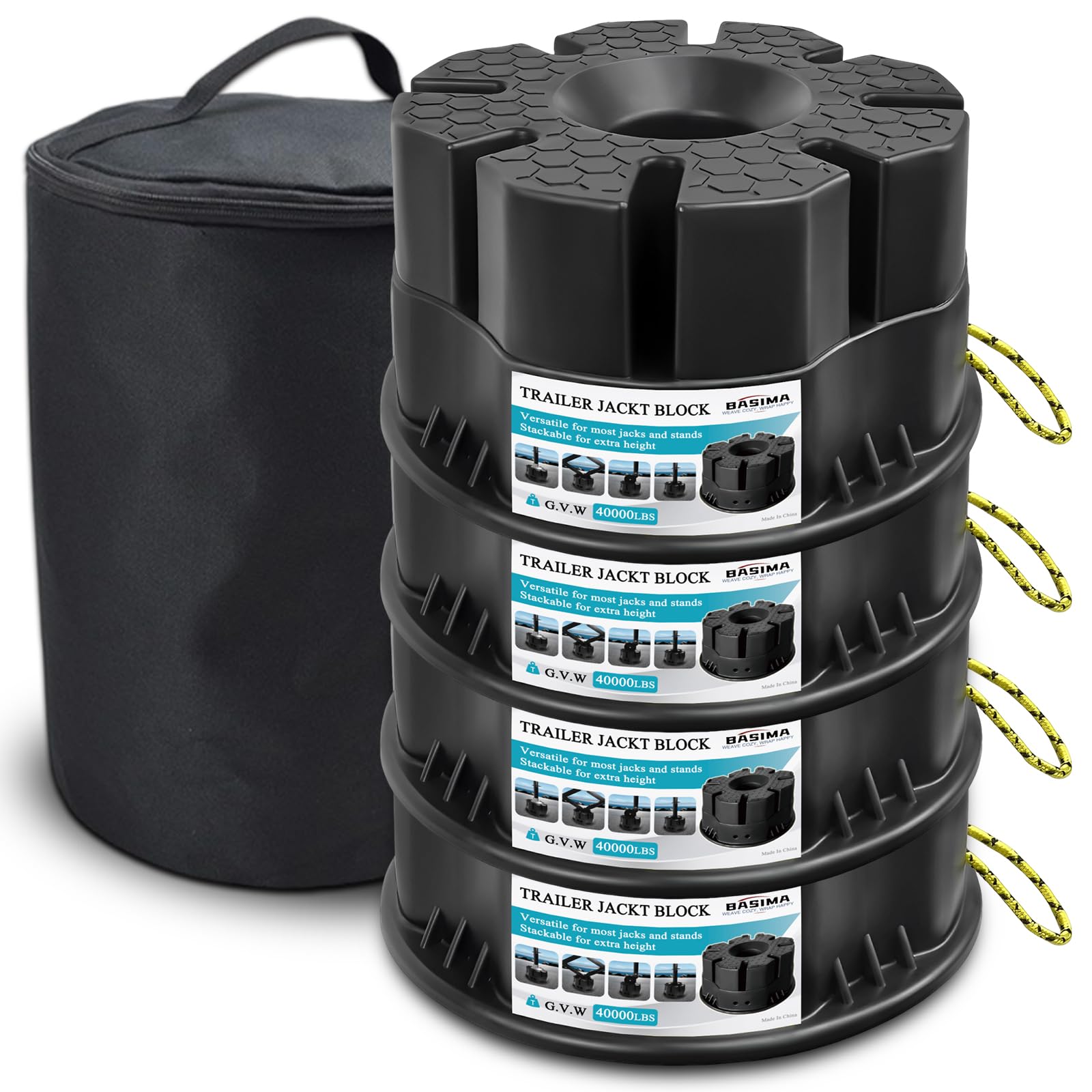Basima 4-pack front view showing stacked blocks and compact bag for easy transport