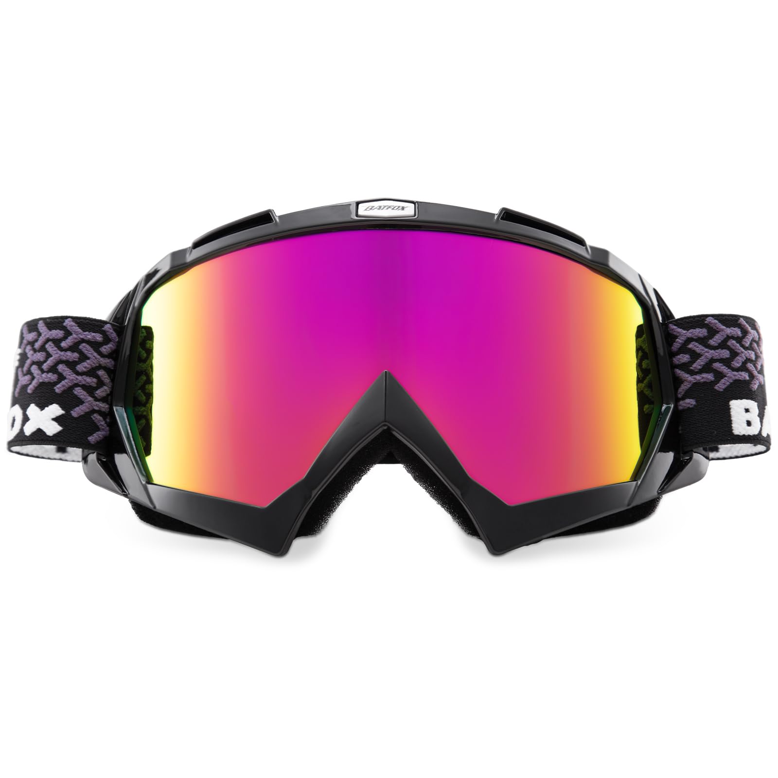 BATFOX front view of goggles showing purple-black lens and secure fit benefit