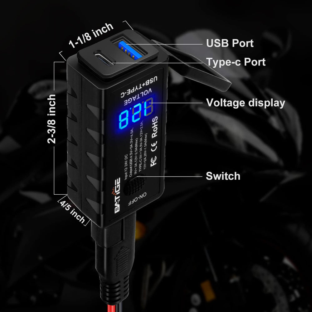 BATIGE mounted on motorcycle handlebar showing convenient in-ride device charging