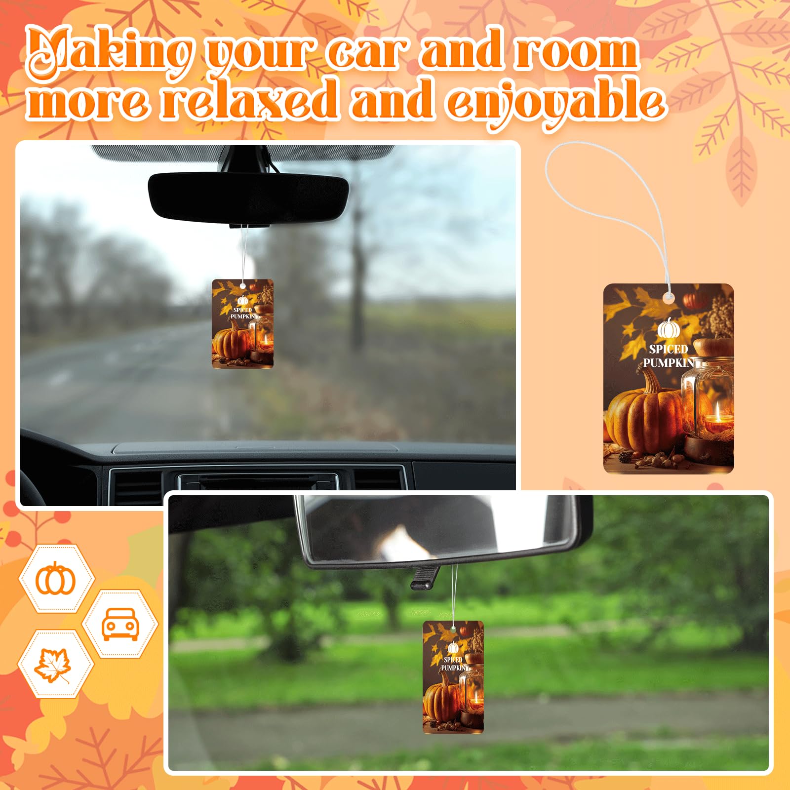 Batiyeer hanging from a rearview mirror adding a cozy fall scent to the car