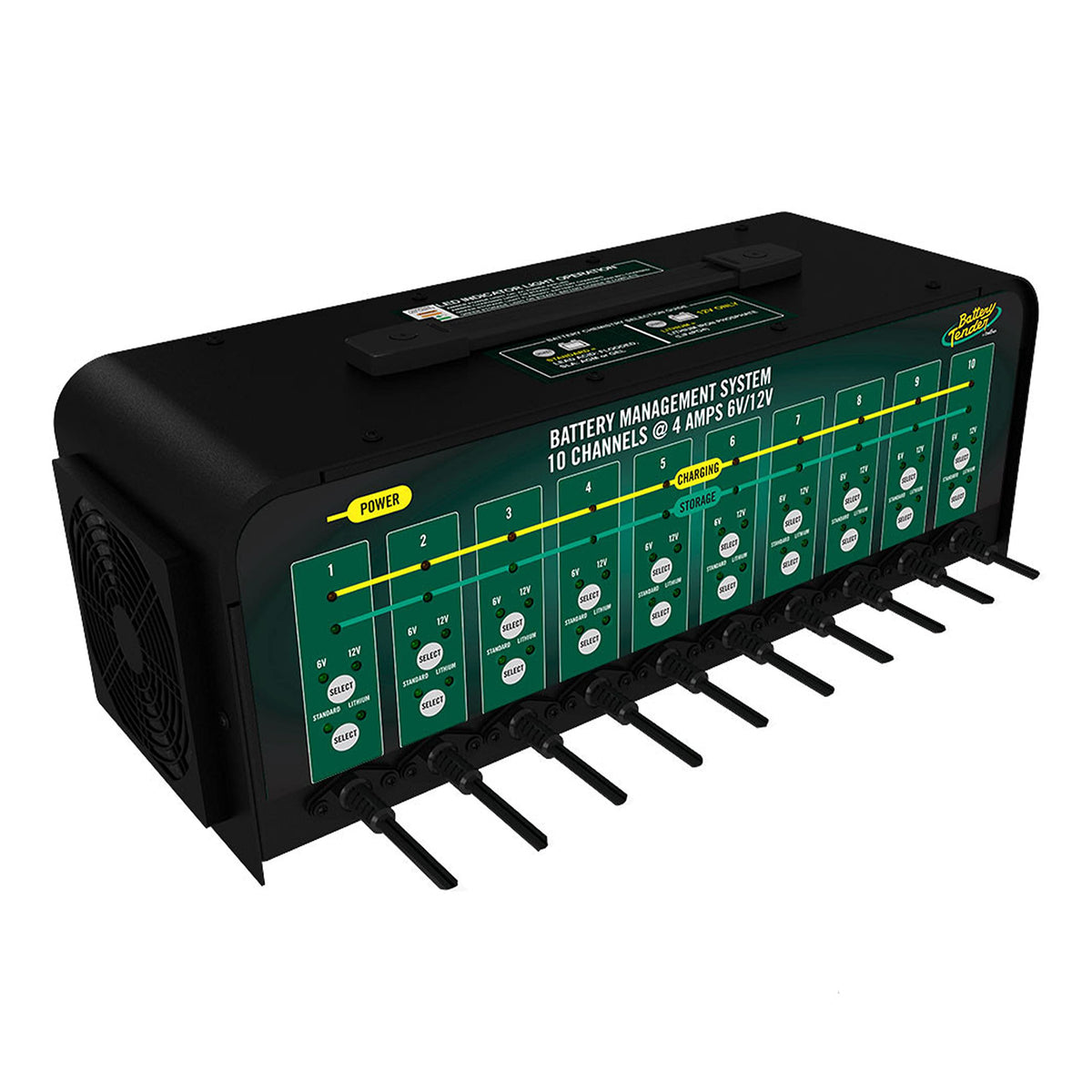 Battery Tender front view showing all ten bank ports and compact design benefit
