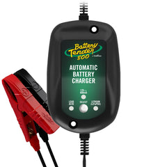 Battery Tender front view showing compact waterproof charger and status indicator benefit: easy installation