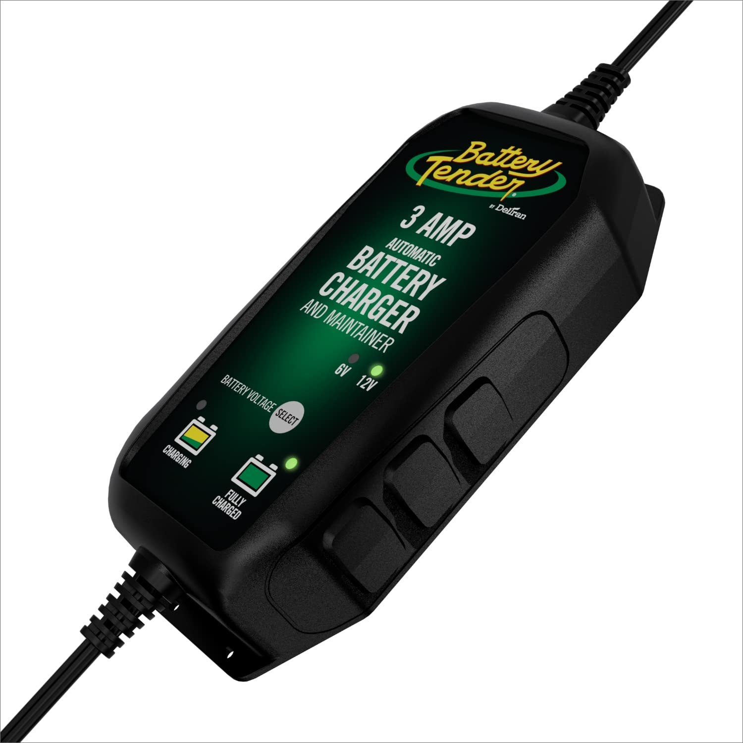 Battery Tender angled side displaying durable housing for long-term use