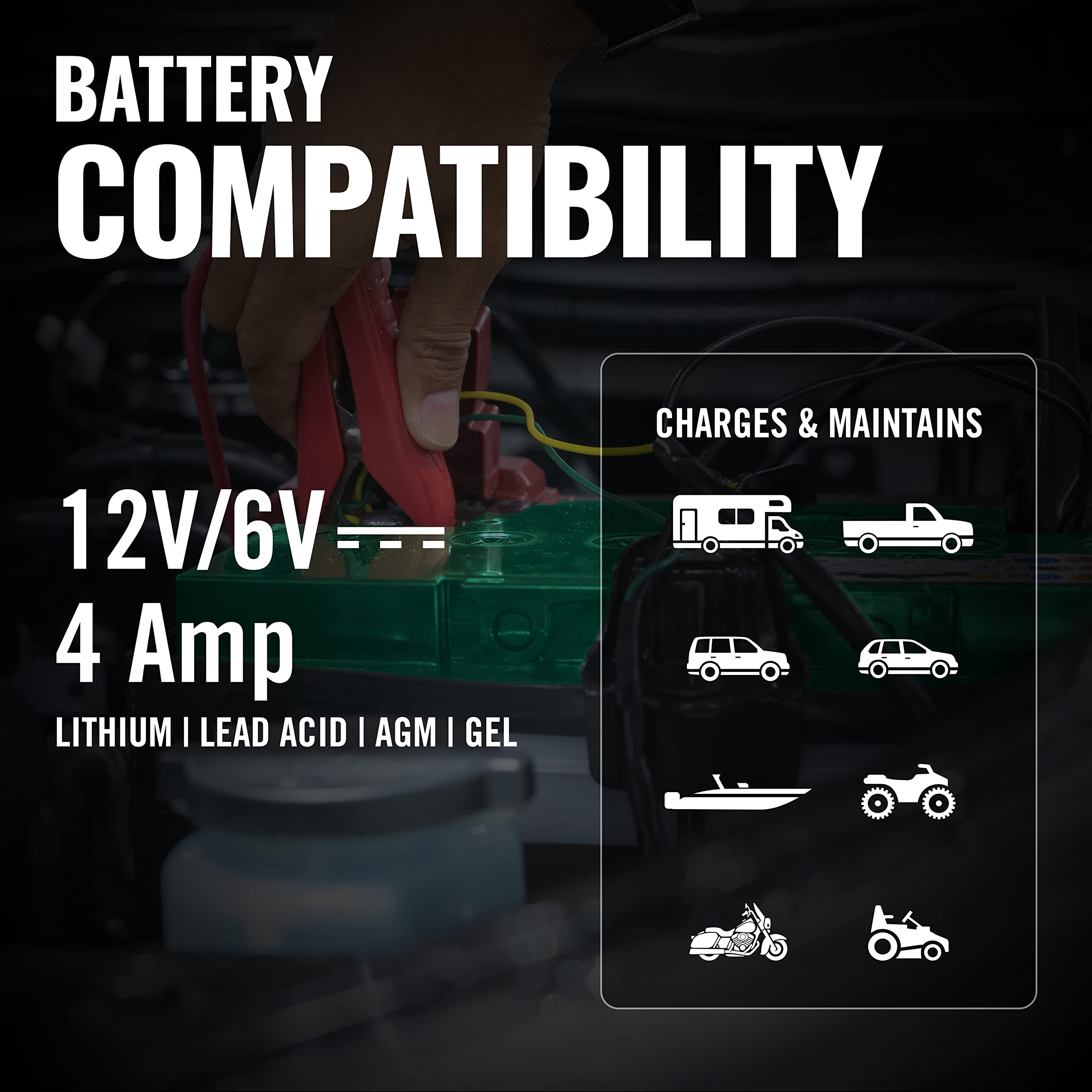 Battery Tender LED indicators lit across banks showing status monitoring benefit