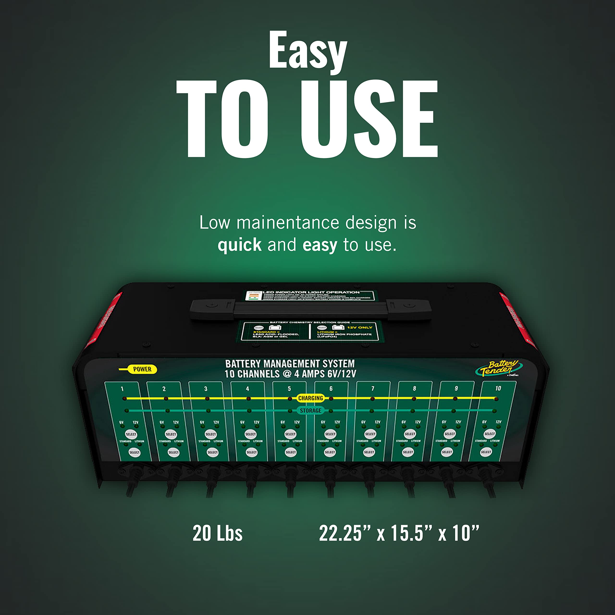 Battery Tender close-up of label and selector controls for correct setup benefit