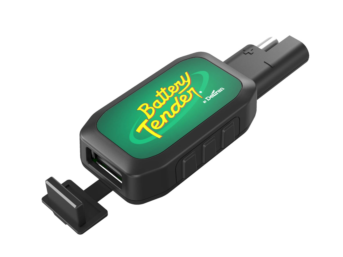 Battery Tender adapter front view showing SAE input and USB port for on-the-go charging