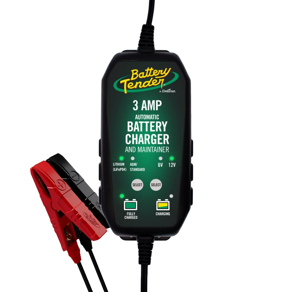 Battery Tender front view showing compact charger and easy storage benefit