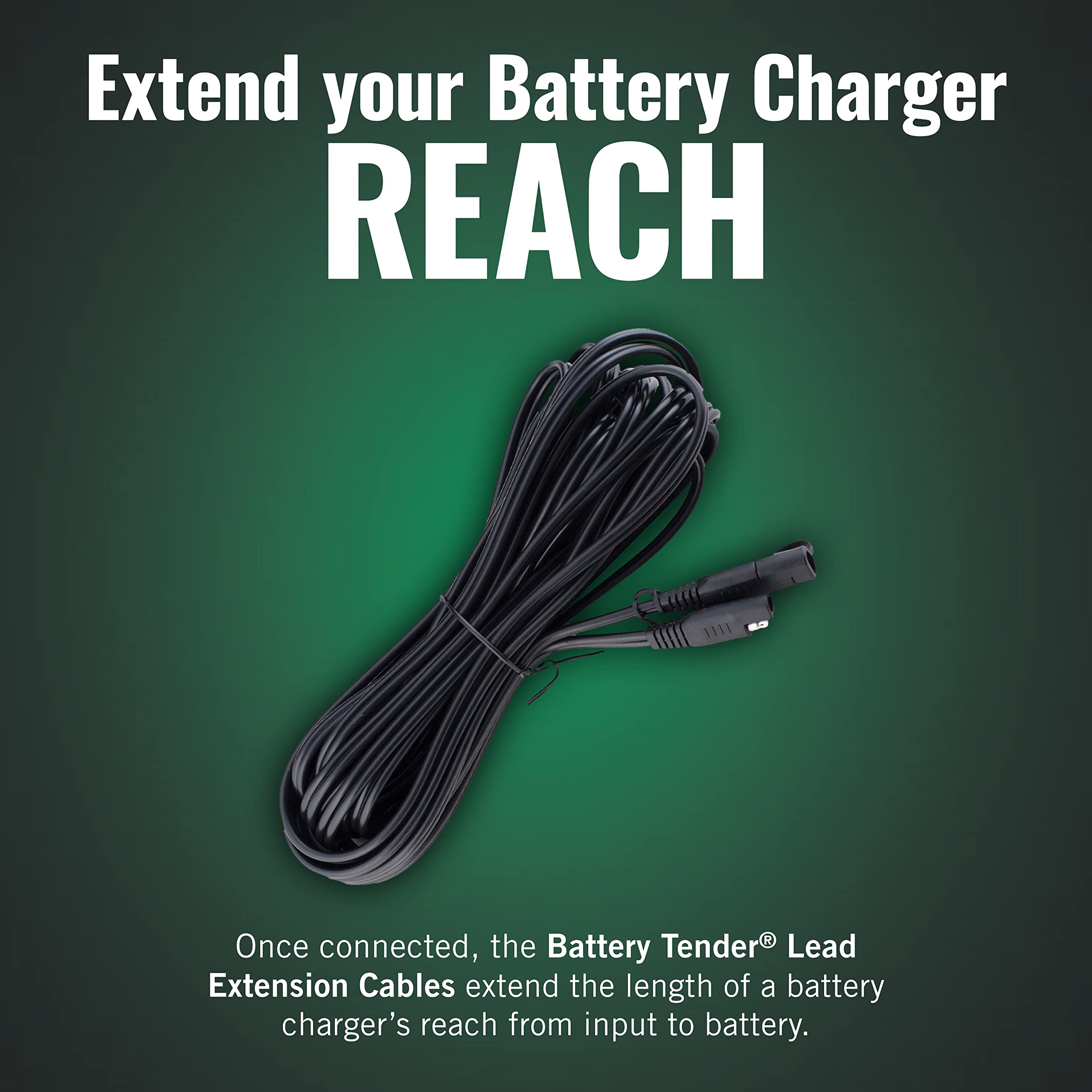 Battery Tender full-length coiled 25ft cable showing flexibility and long reach benefit