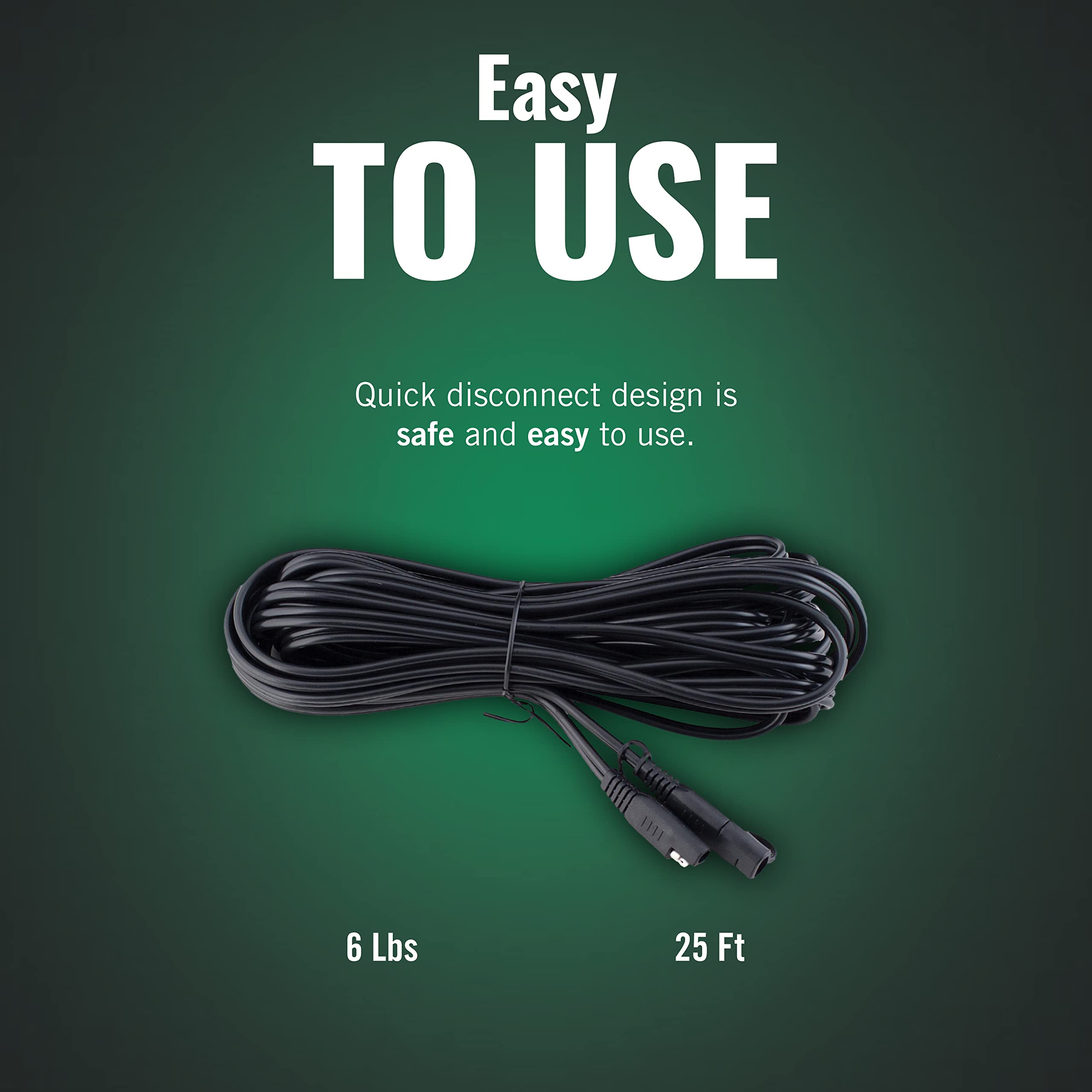 Battery Tender routed from garage outlet to vehicle with charger positioned safely indoors benefit