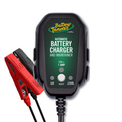Battery Tender front view showing compact charger for easy storage