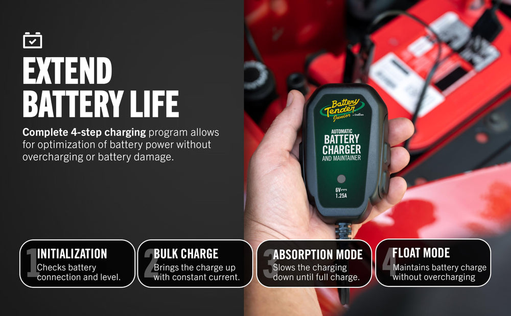 Battery Tender junior two-color LED indicator closeup showing charge status at a glance