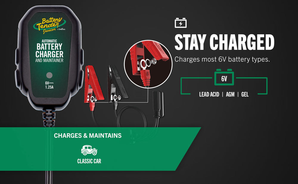Battery Tender junior ring terminal attached to battery post for secure long-term maintenance