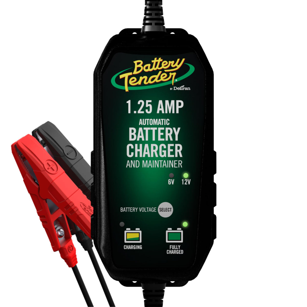 Battery Tender plus front view showing compact charger protecting charge
