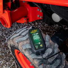 Battery Tender mounted on motorcycle maintaining battery health while parked