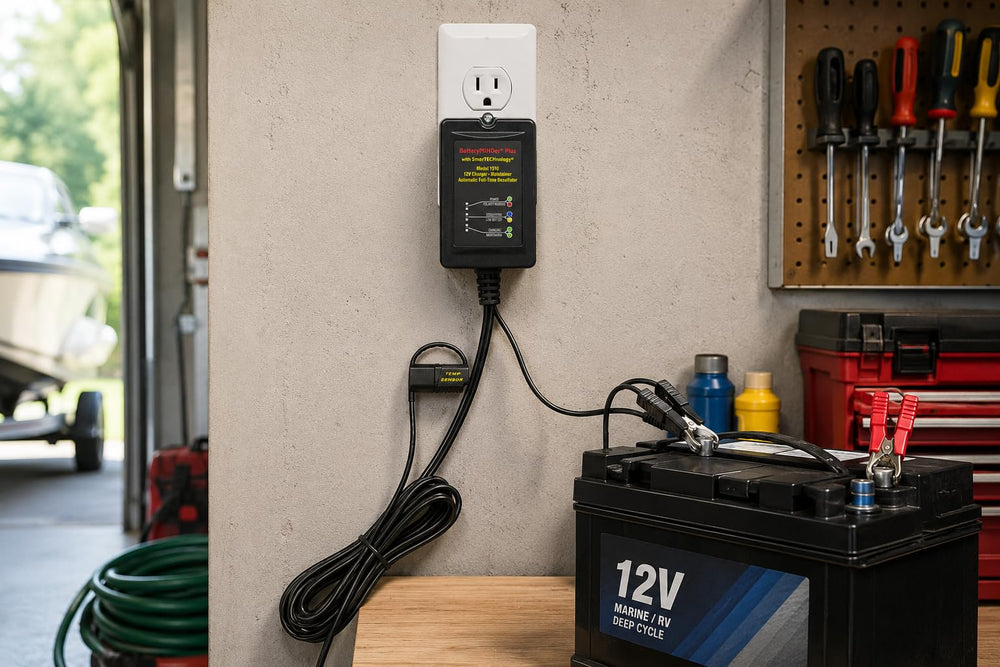 BatteryMINDer 1510 connected to a boat battery illustrating reliable marine winter maintenance