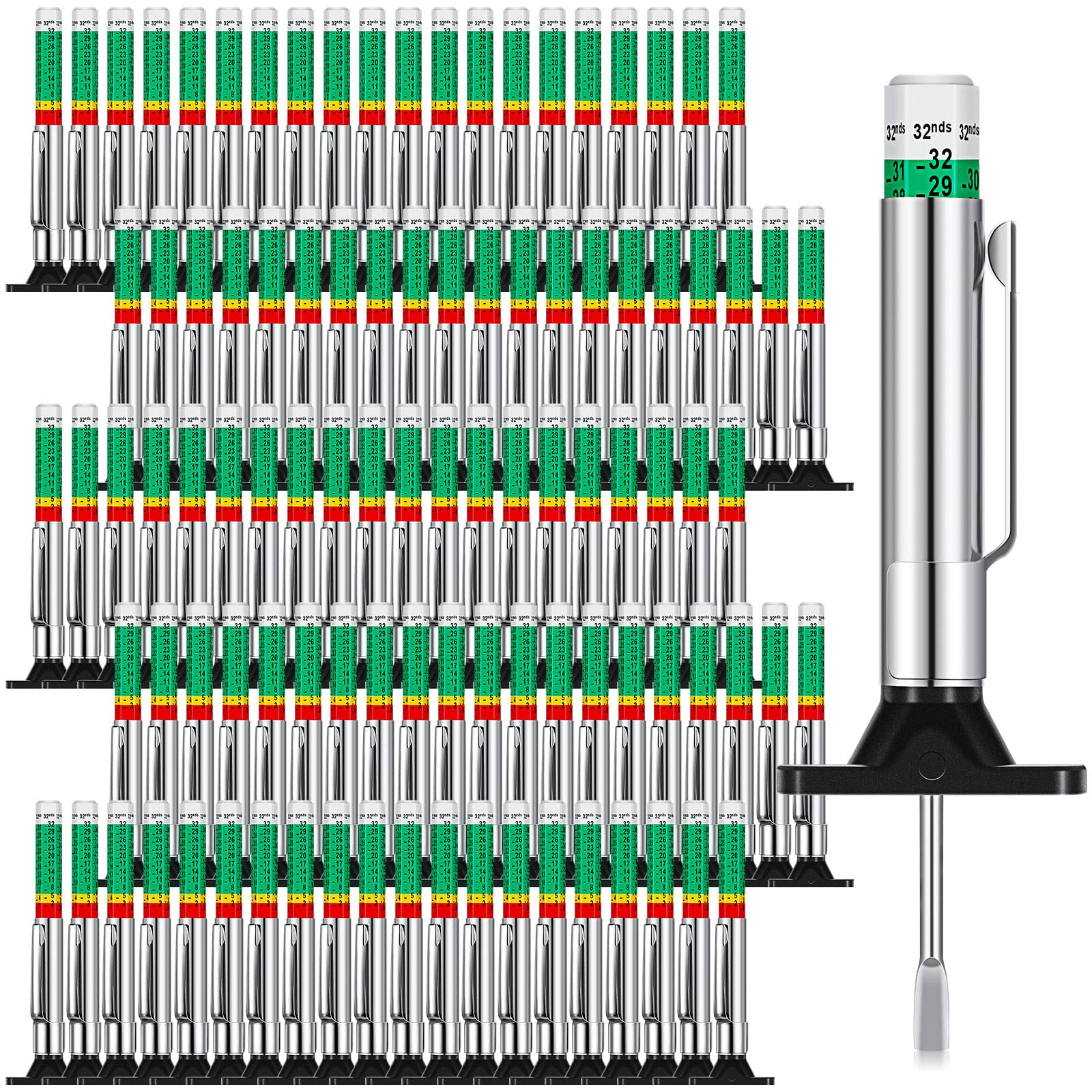 BBTO front view of tread gauge showing color bands for quick reading