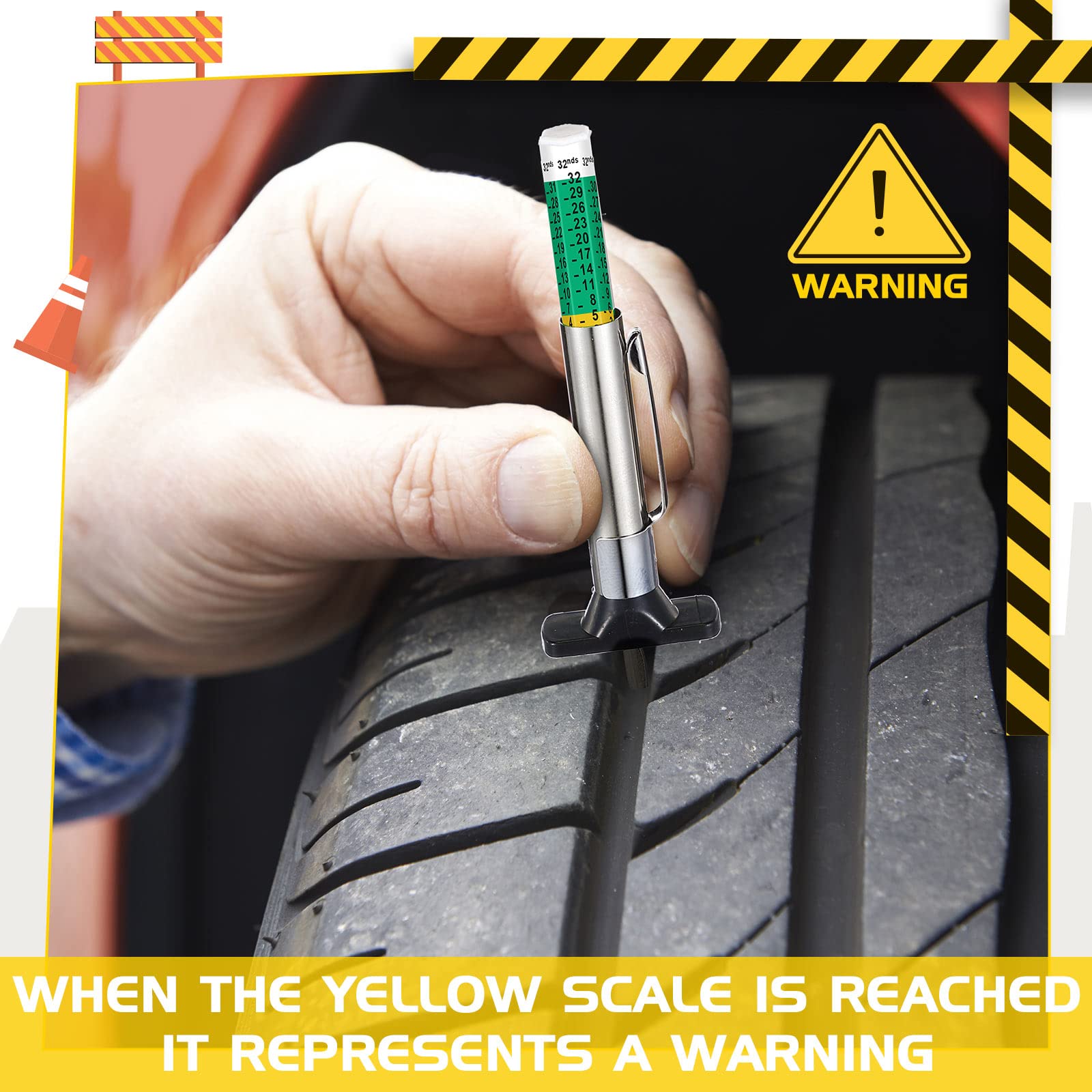 BBTO gauge inserted into a tyre groove providing instant tread check