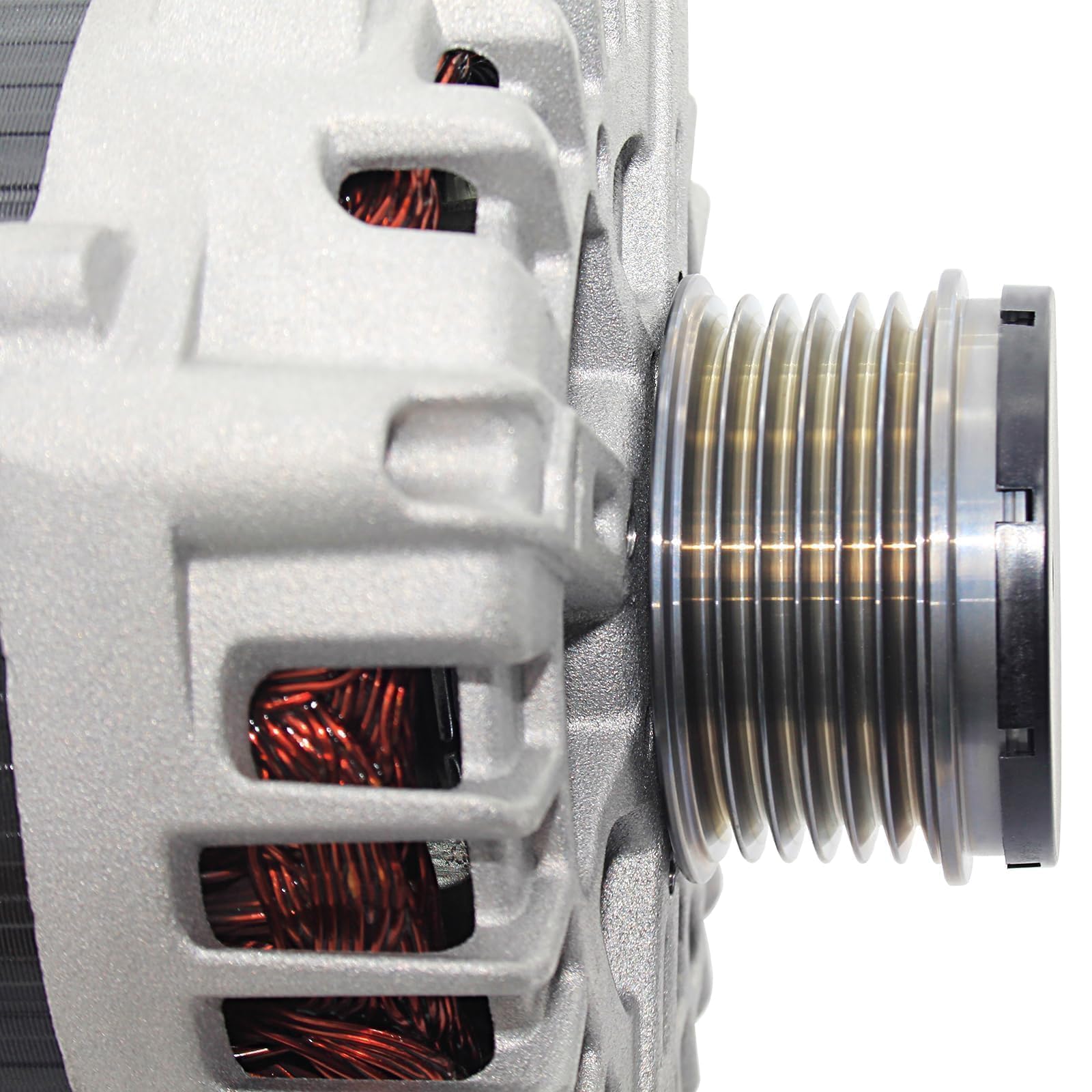 BDELI alternator pulley and electrical connector close-up, clear connection for ease