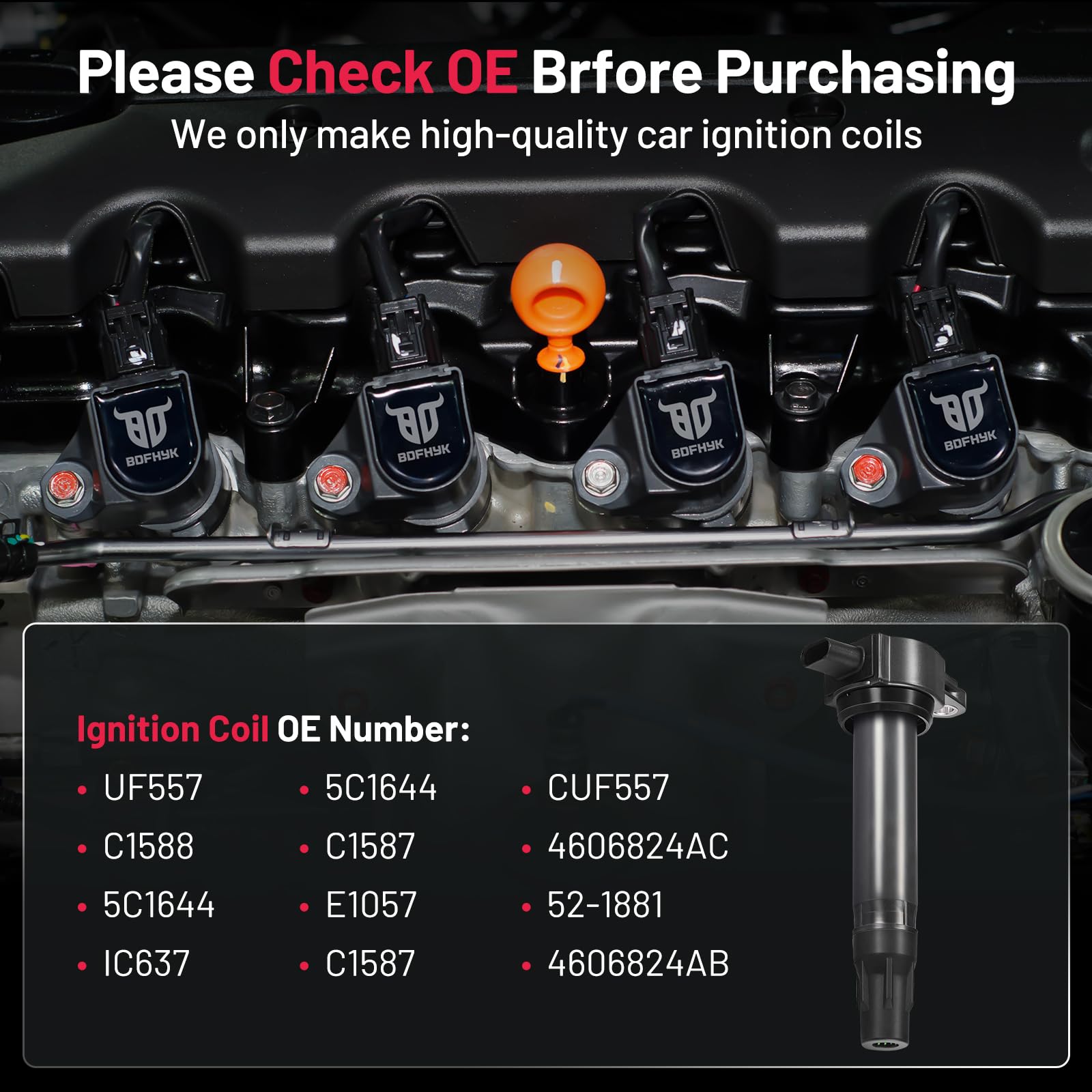 BDFHYK ignition coil labeled with OEM numbers to confirm compatibility before purchase