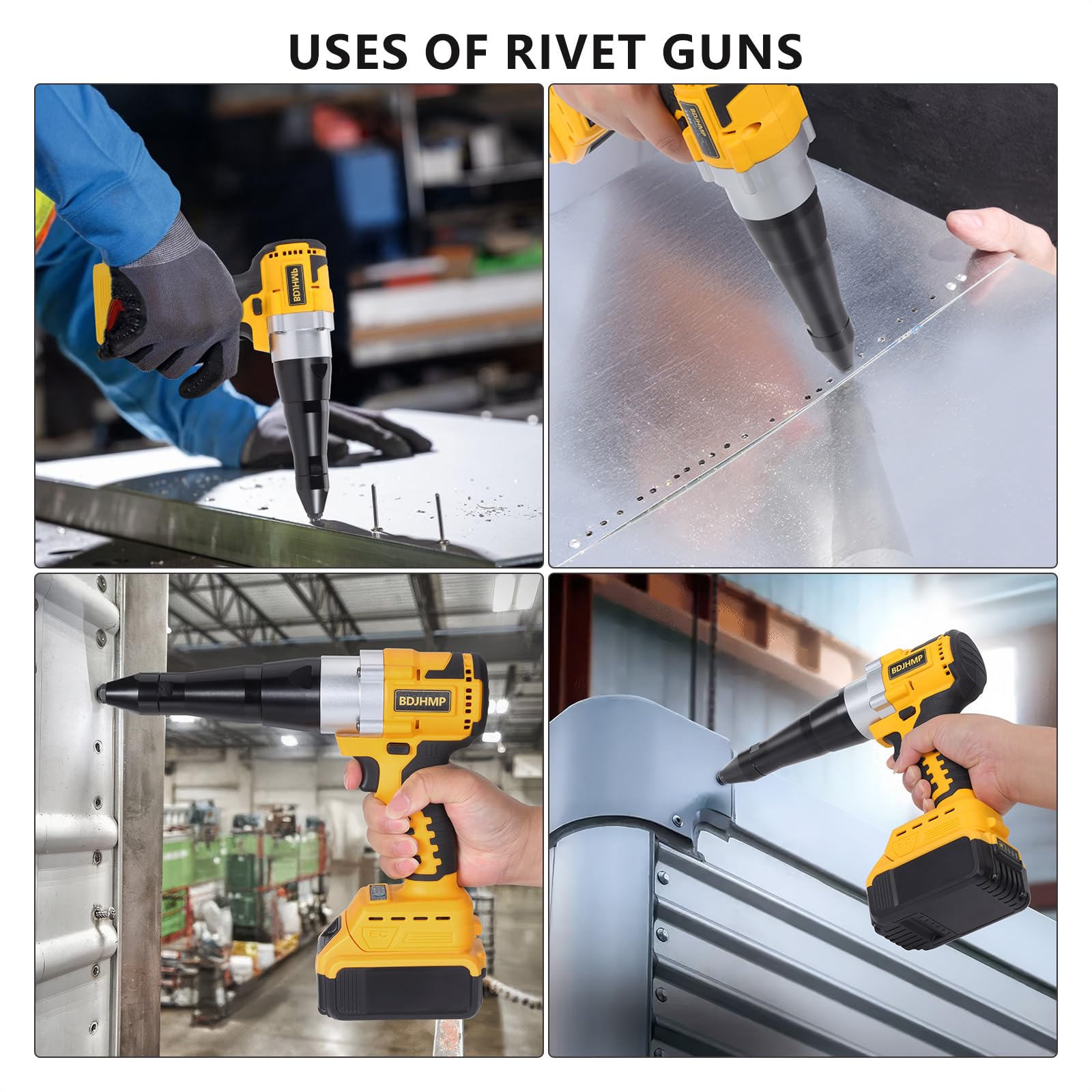 BDJHMP rivet gun with included accessories laid out demonstrating ready-to-use versatility