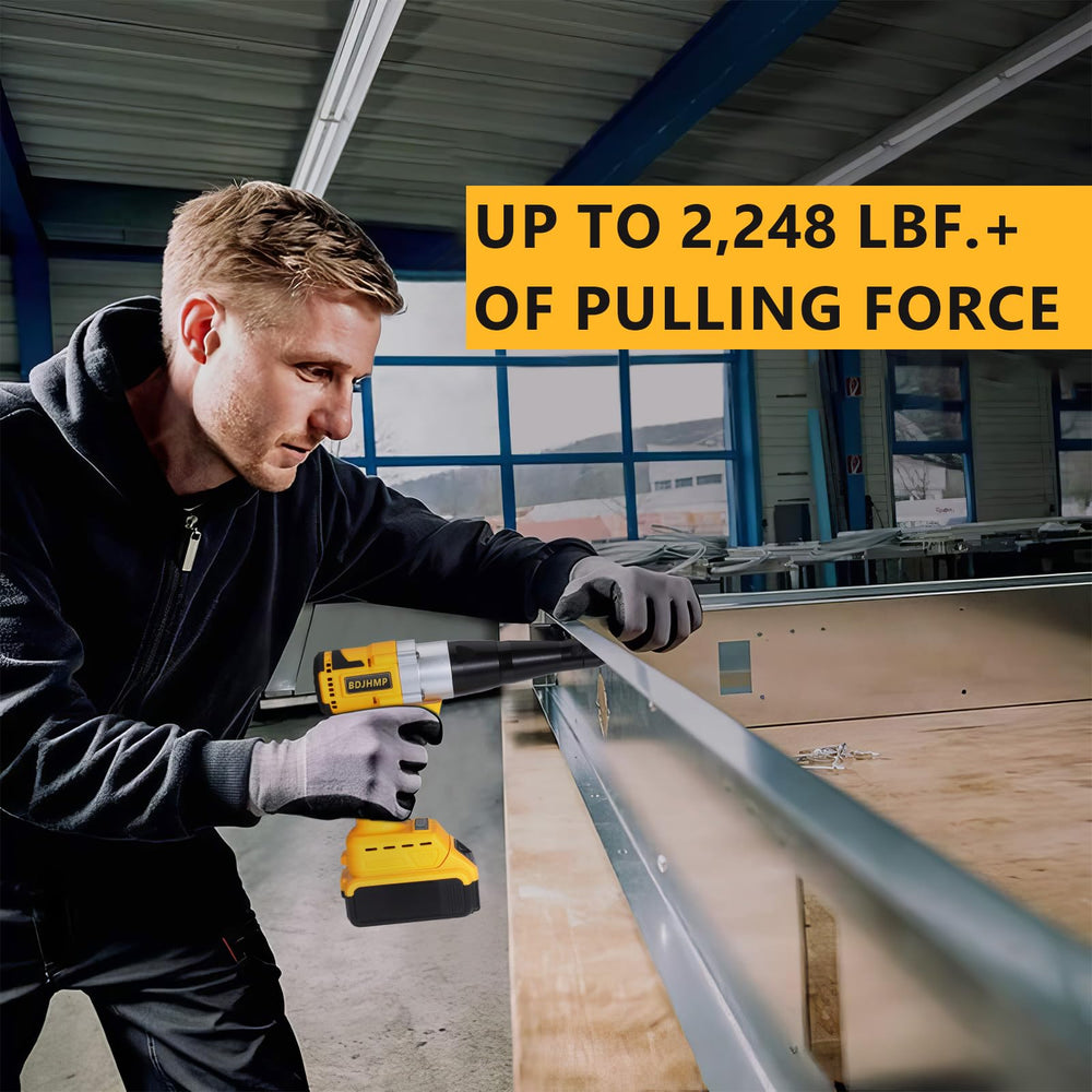 BDJHMP rivet gun with DEWALT 20V battery mount showing cordless compatibility benefit