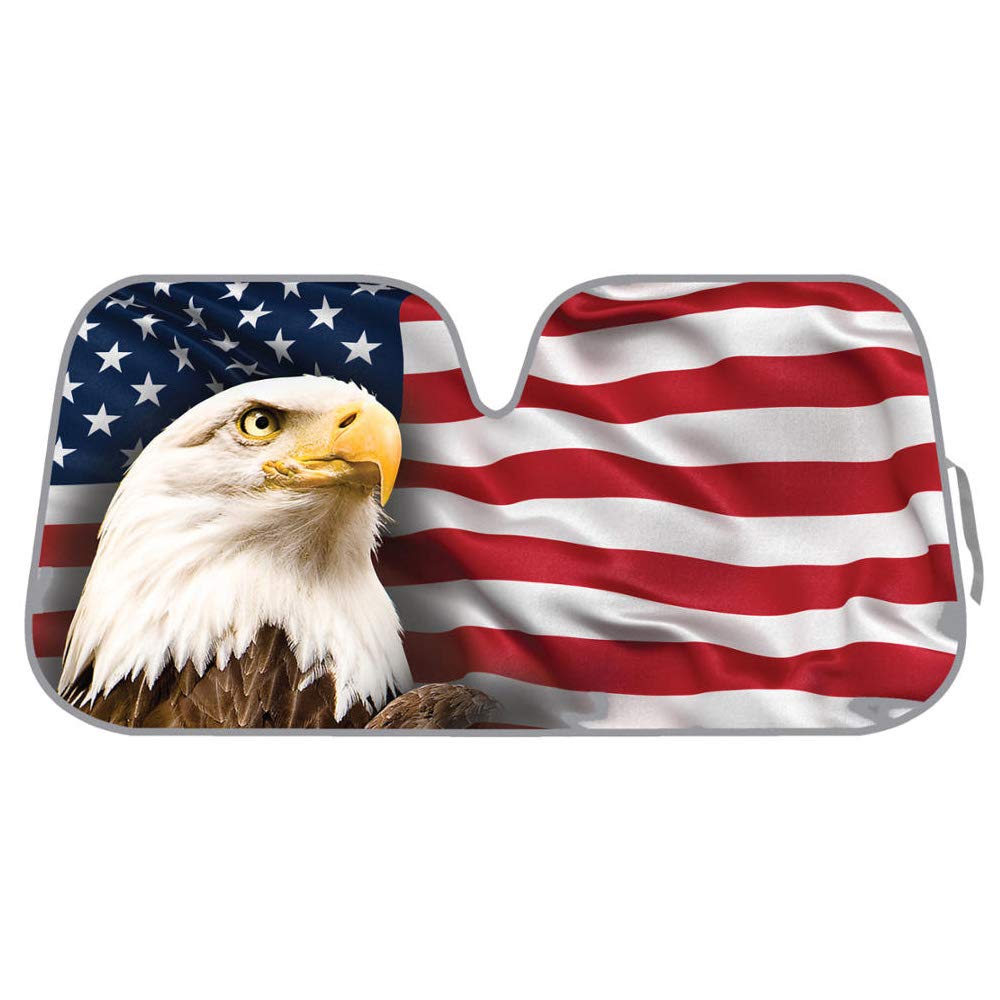 BDK front view of patriotic flag visor protecting windshield and reducing heat