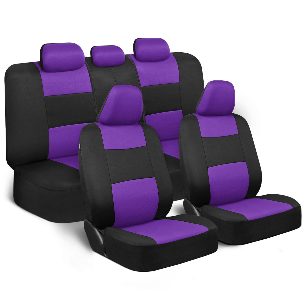 BDK front seat full view showing purple-on-black covers and clean protection