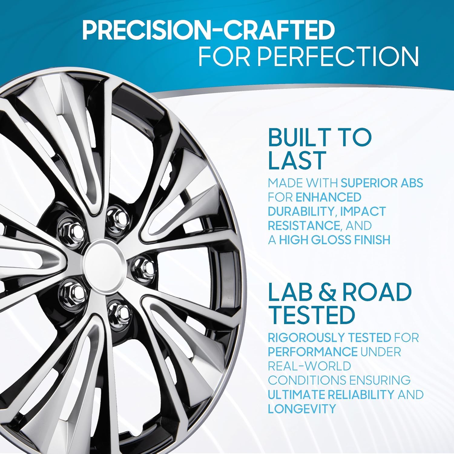 BDK hubcap beside measuring tape showing accurate 16-inch fit and scale clarity