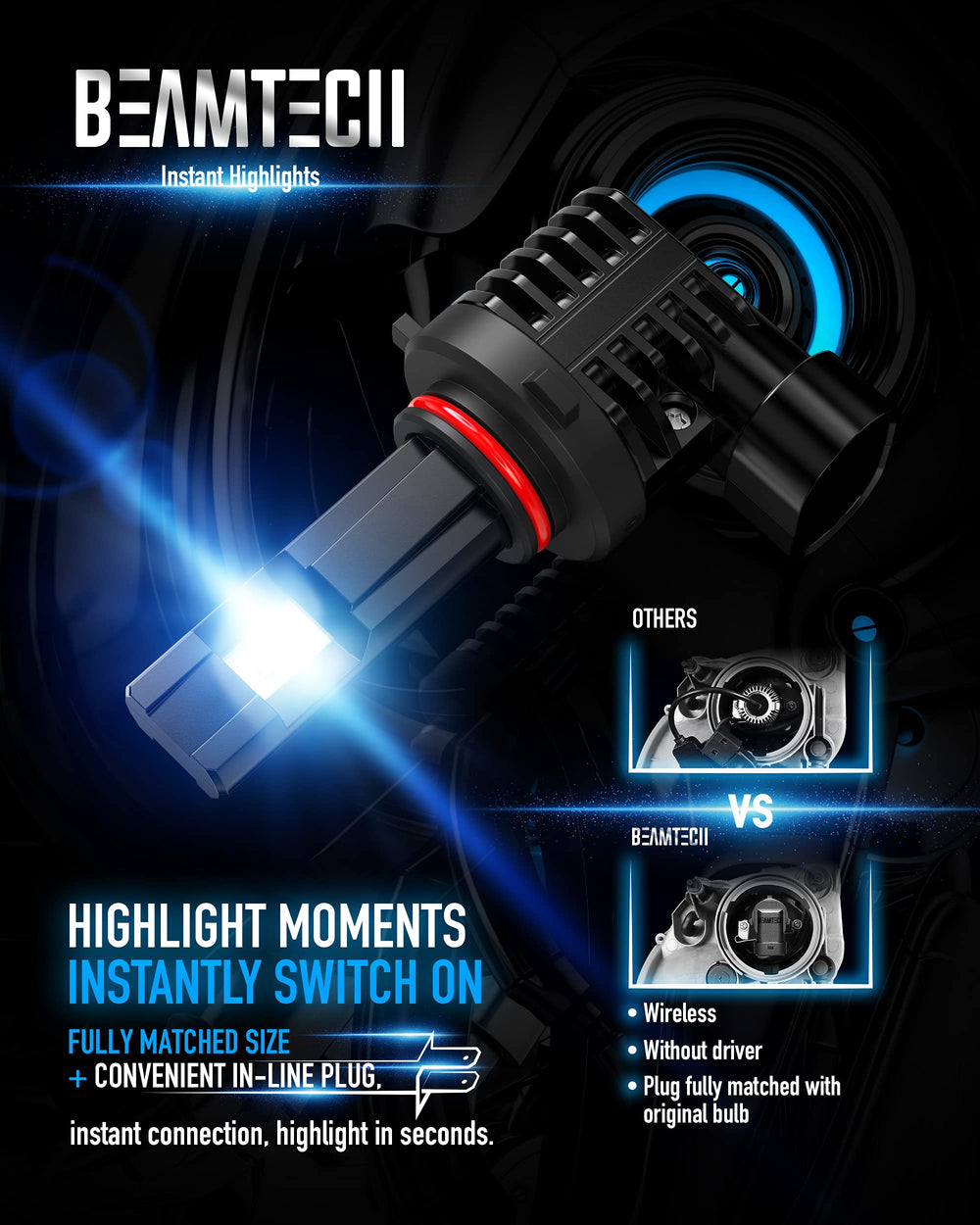 BEAMTECH bulb installed in a fog housing demonstrating quiet fanless operation benefit