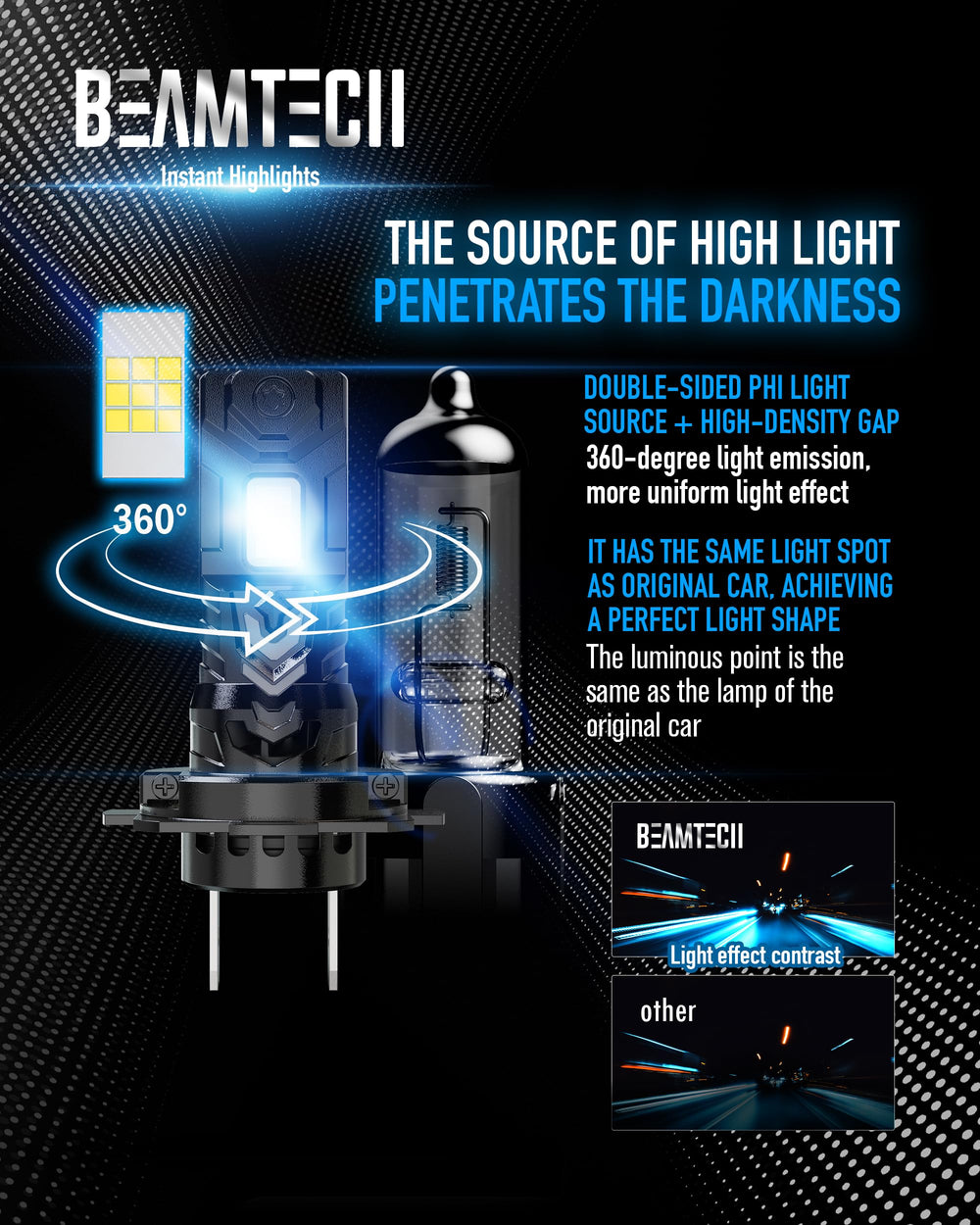 BEAMTECH H7 installed in headlamp showing instant bright 6500K visibility