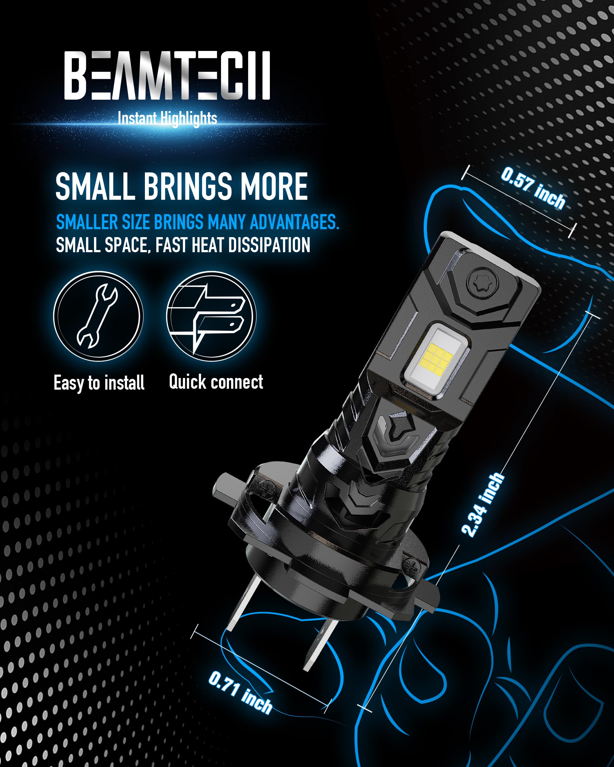 BEAMTECH H7 size comparison with hand showing compact no-adapter design