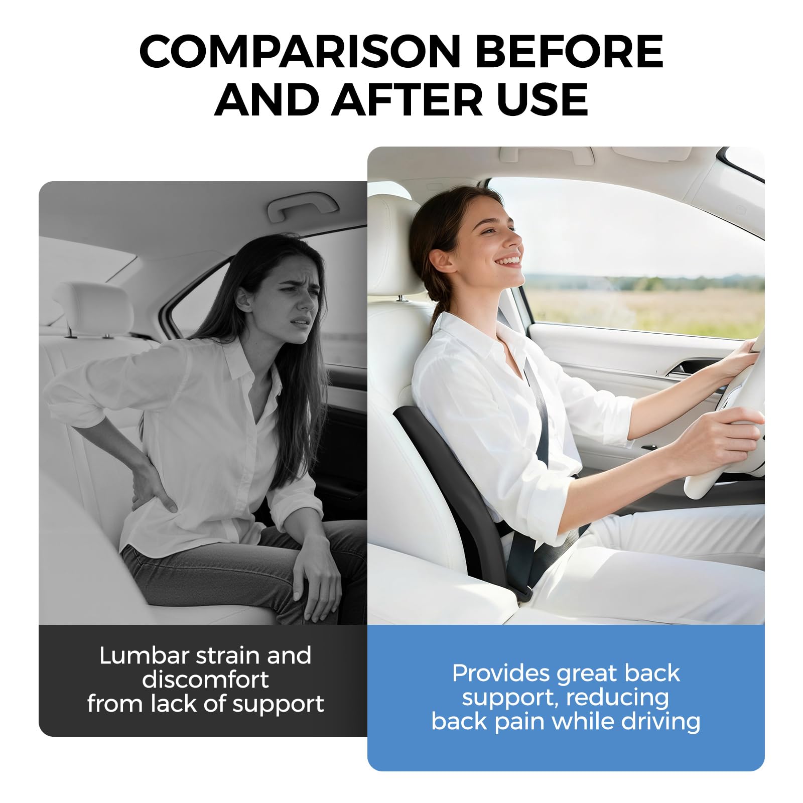 BEBAS lumbar pillow positioned in car seat for comfortable driving