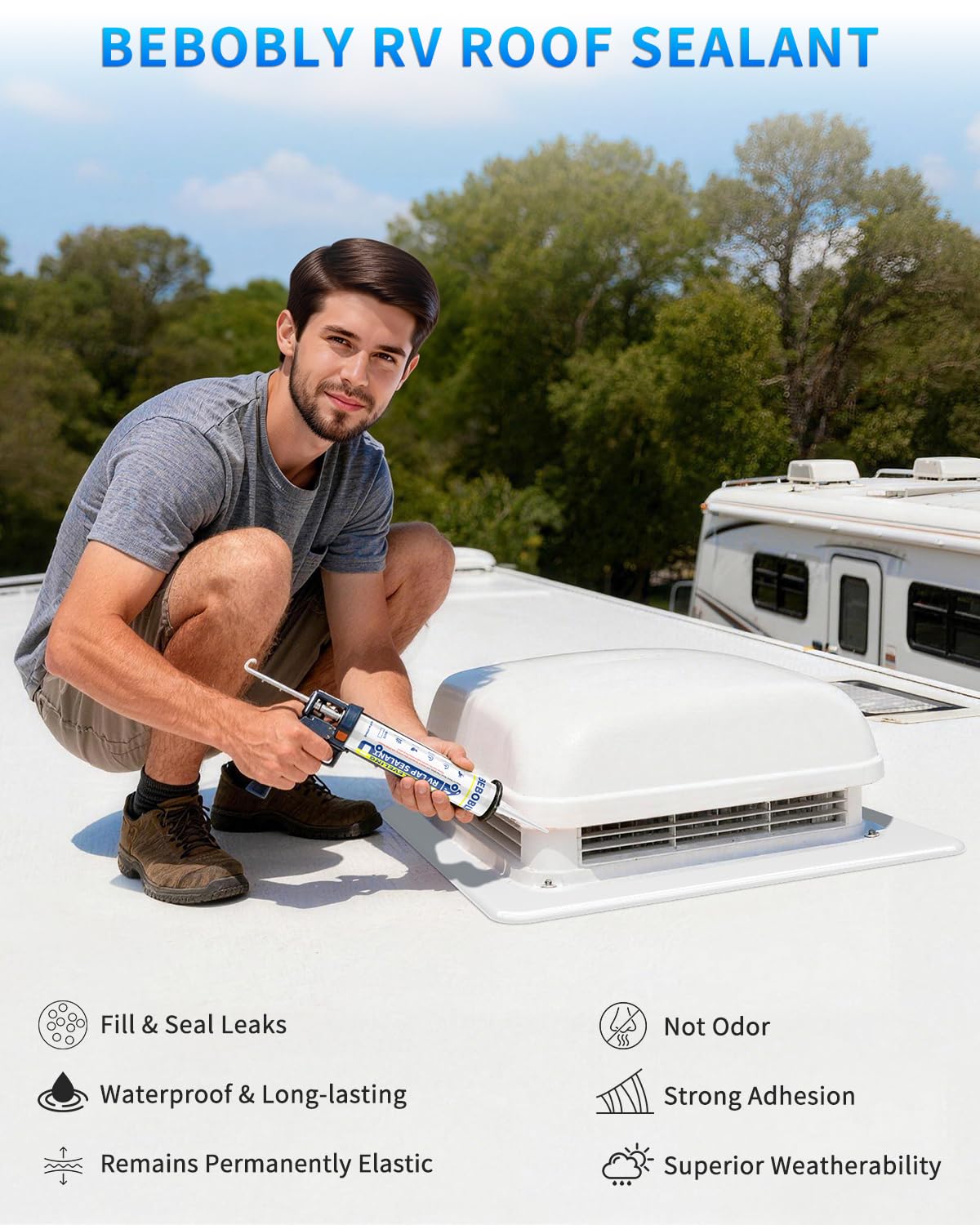 BEBOBLY close-up of white sealant bead sealing an RV lap, waterproof protection