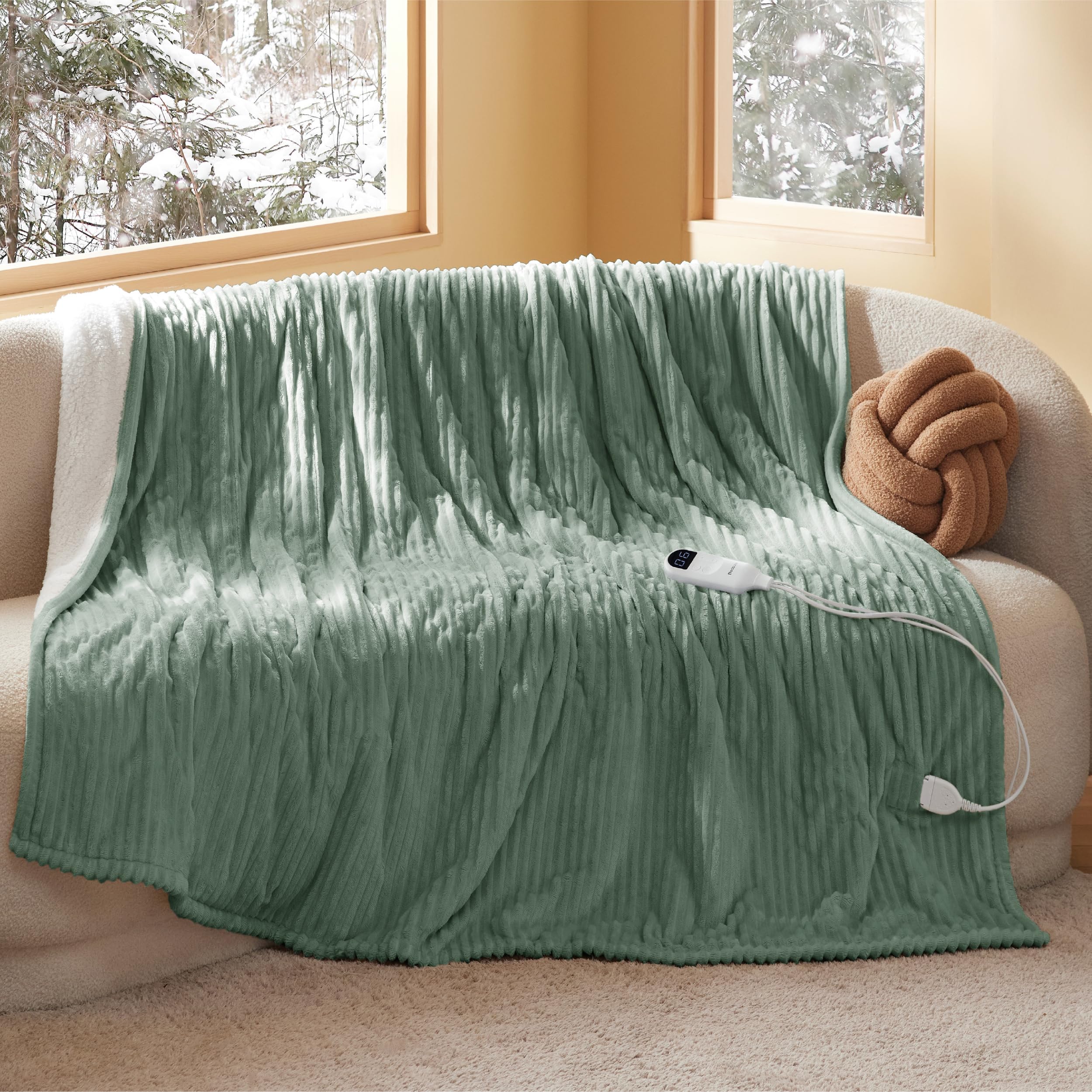 Bedsure front view full green blanket showing ribbed texture and cozy look