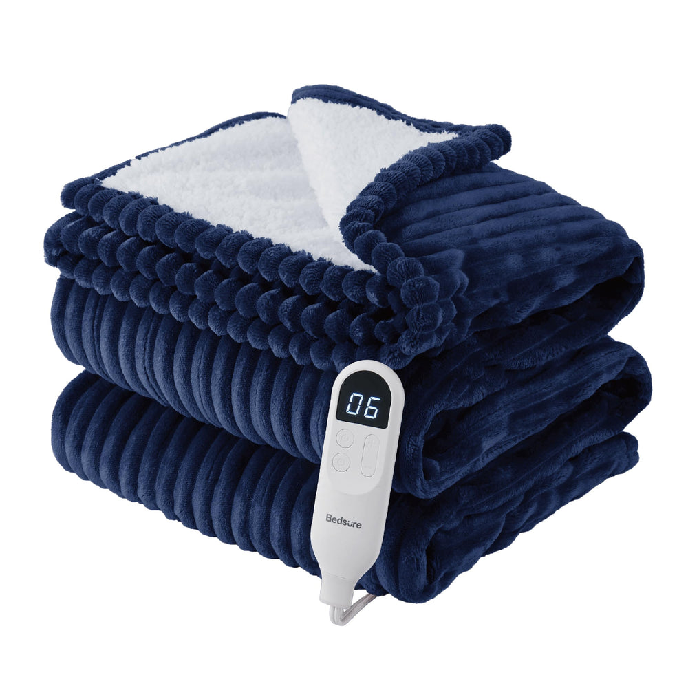 Bedsure blanket front view showing navy ribbed flannel and cozy look