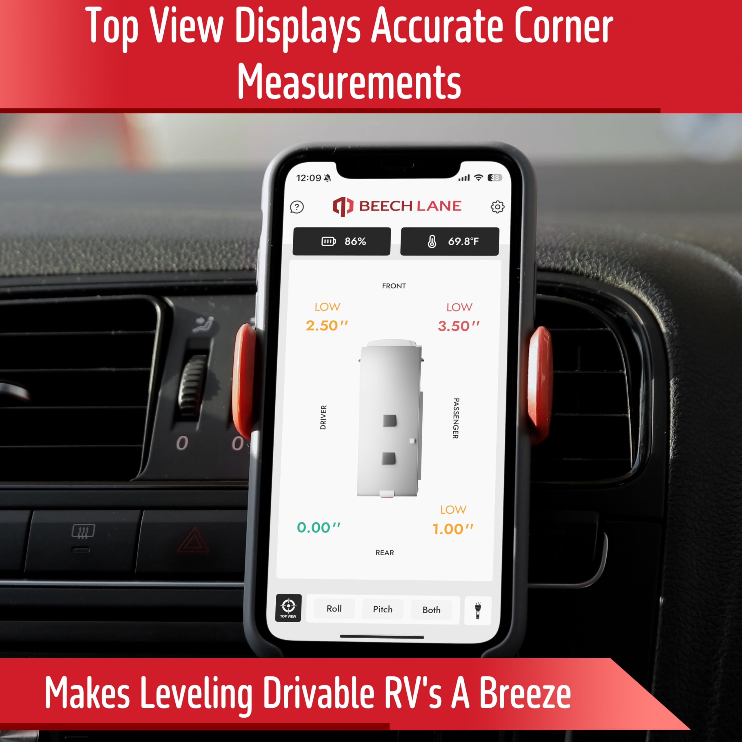 Beech Lane app live readout displaying real-time leveling guidance on phone