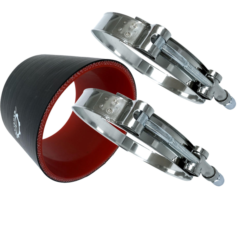 bekelan stainless t-bolt clamps and coupler laid out showing secure attachment benefit