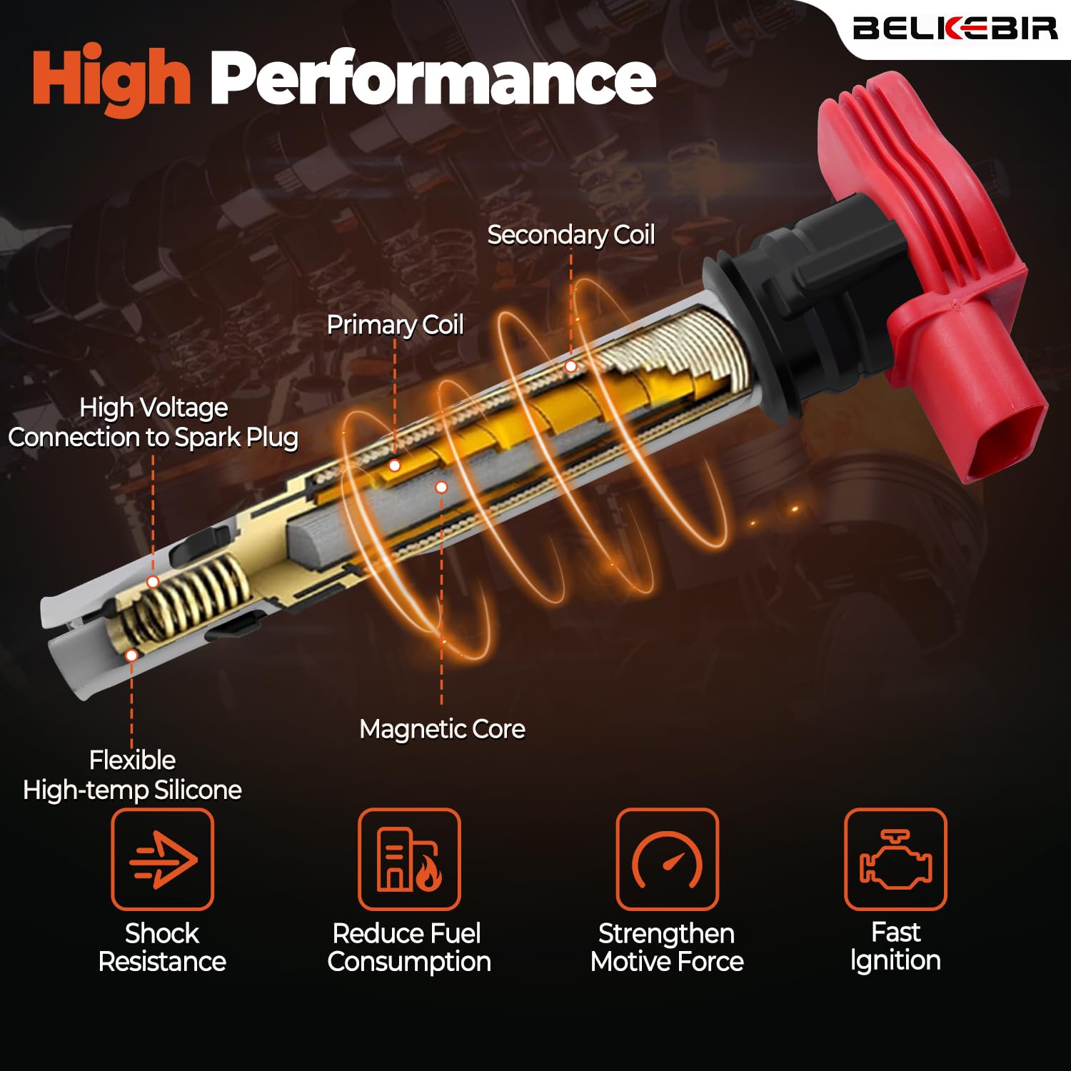 BELKEBIR coil being installed in engine bay demonstrating easy plug-and-play fit