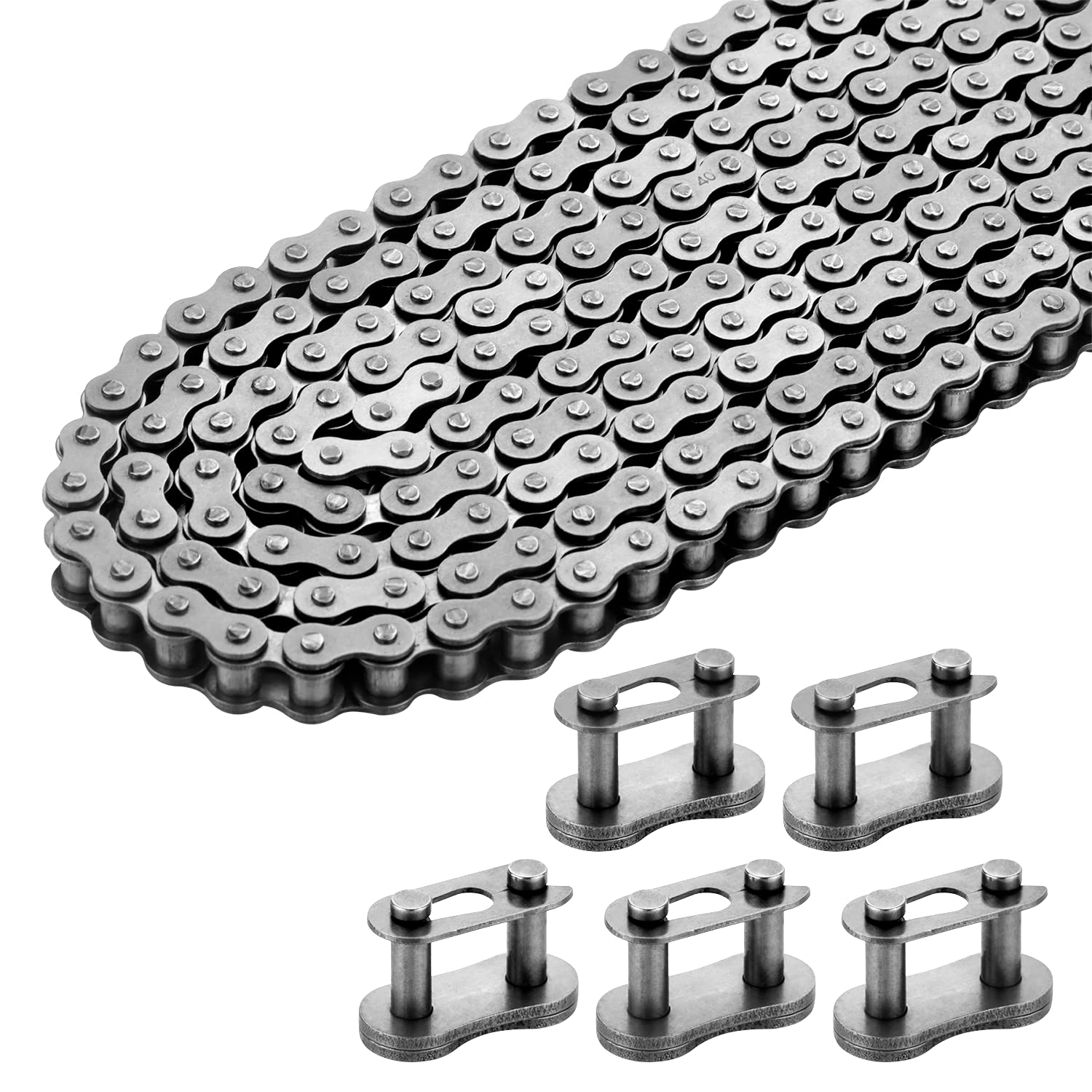 Belleone close-up of chain links showing 40Mn steel construction and wear resistance