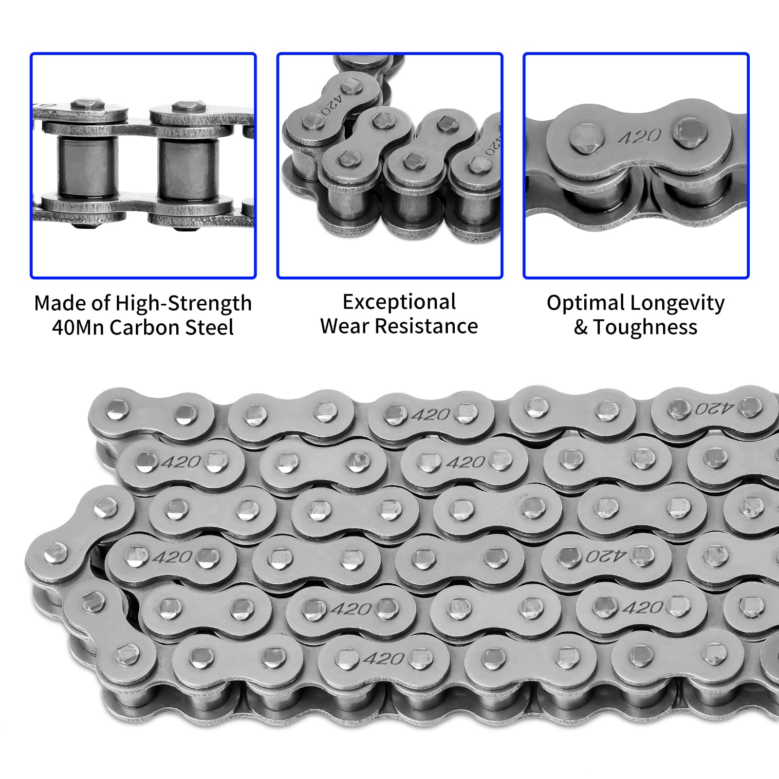 Belleone close-up of roller links highlighting durable alloy steel