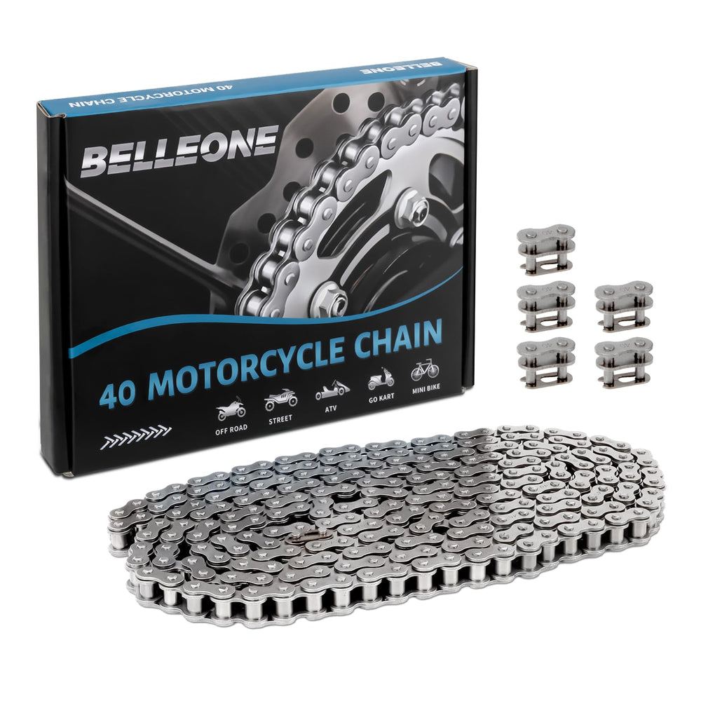 Belleone front view showing ANSI #40 chain packaging and specifications for easy selection